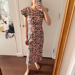 Beyond by Vera Holly Last Blooms Pink Puff Sleeve Midi Dress Size XS